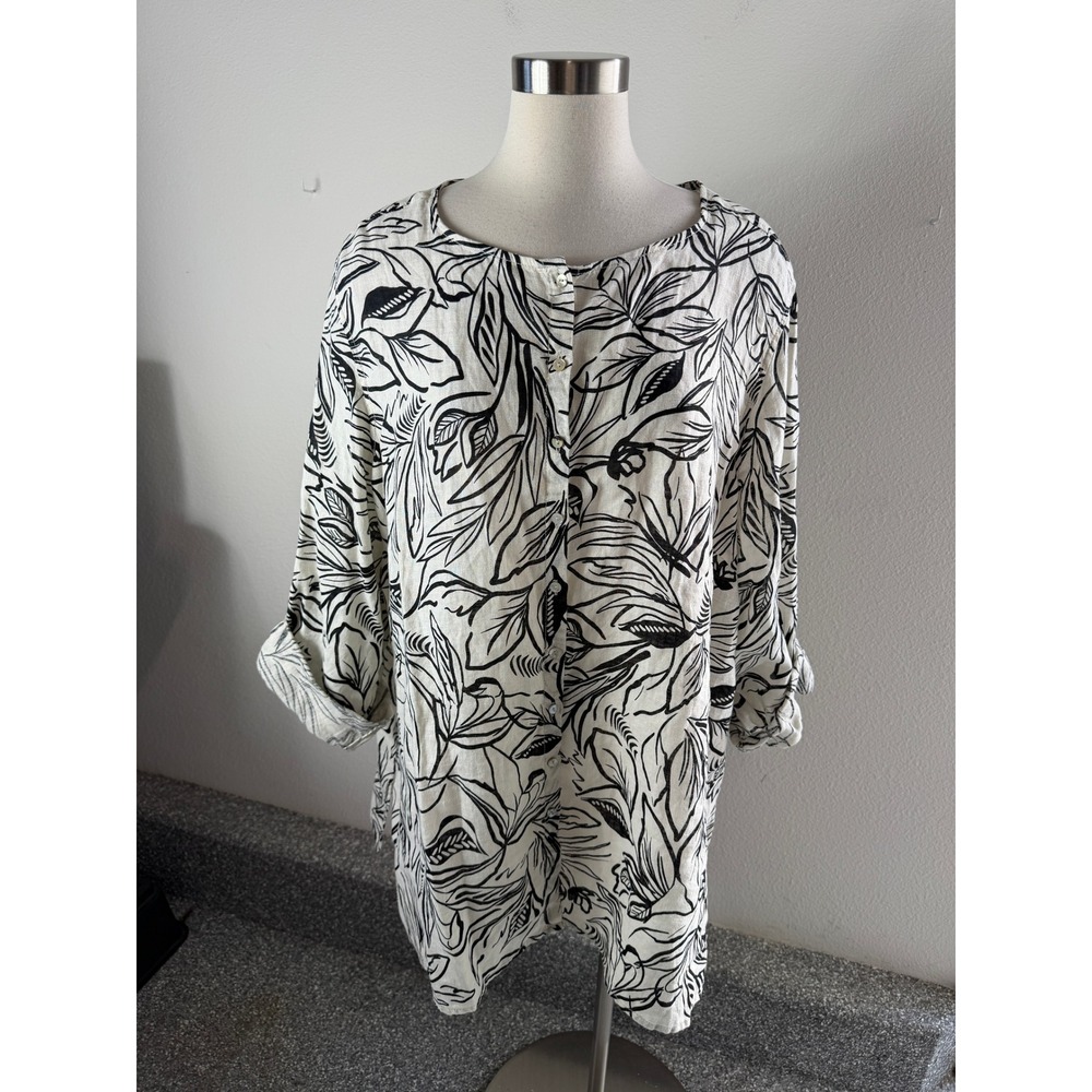 Christian Siriano Womens Plus 3X 100% Linen Abstract Leaf Print Button Up Top